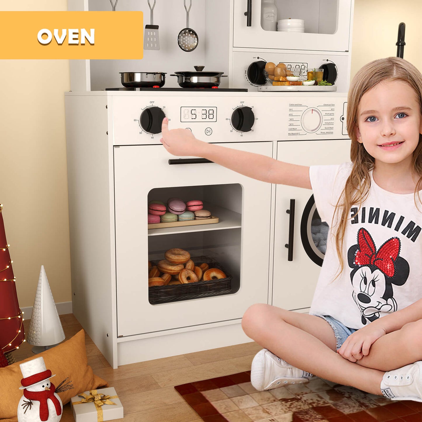 Play Kitchen, Wooden Kids Play Kitchen Playset Chef Pretend Play Set for Toddlers w/Sound and Light, Running Water, Oven, Washing Machine and Cookware Accessories for Age 3+ Toddlers