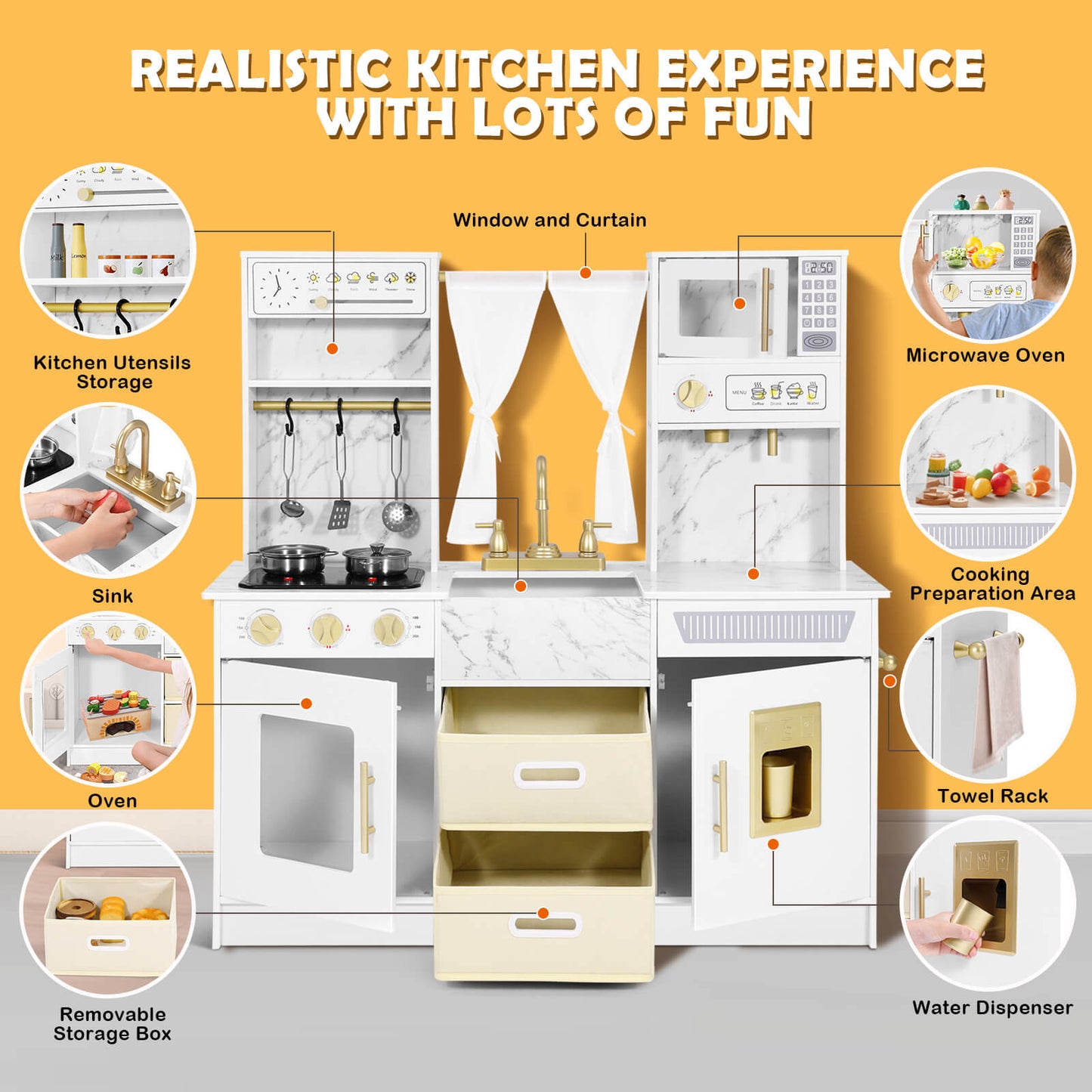 Play Kitchen, Wooden Kids Play Kitchen Playset Chef Pretend Play Set for Toddlers w/Ice Cube Dispenser, Oven, Cooking Accessories,Trendy Home Style w/Curtains, Storange Box, Gift for Ages 3+