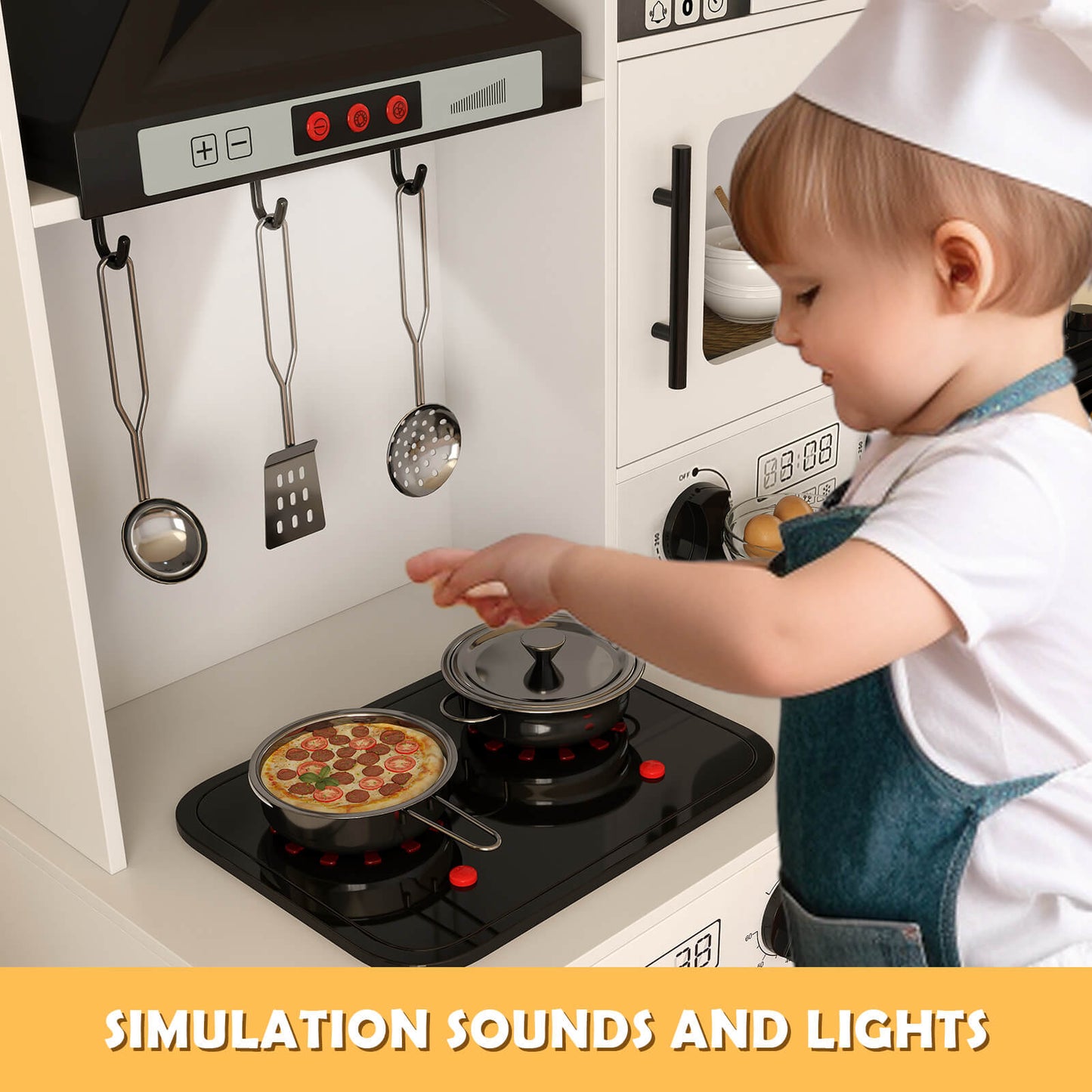 Play Kitchen, Wooden Kids Play Kitchen Playset Chef Pretend Play Set for Toddlers w/Sound and Light, Running Water, Oven, Washing Machine and Cookware Accessories for Age 3+ Toddlers