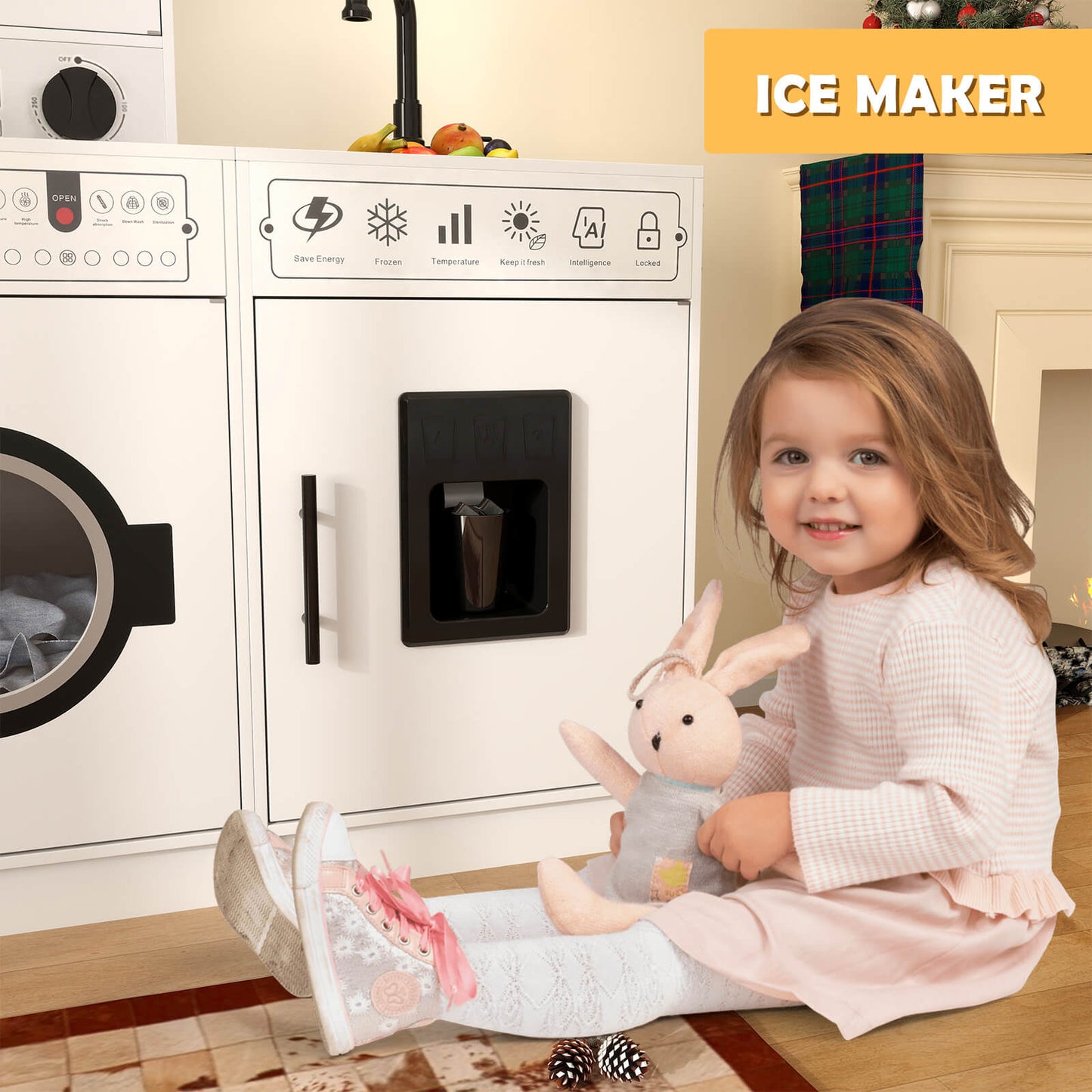Play Kitchen, Wooden Kids Play Kitchen Playset Chef Pretend Play Set for Toddlers w/Sound and Light, Running Water, Oven, Washing Machine and Cookware Accessories for Age 3+ Toddlers