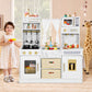 Play Kitchen, Wooden Kids Play Kitchen Playset Chef Pretend Play Set for Toddlers w/Ice Cube Dispenser, Oven, Cooking Accessories,Trendy Home Style w/Curtains, Storange Box, Gift for Ages 3+
