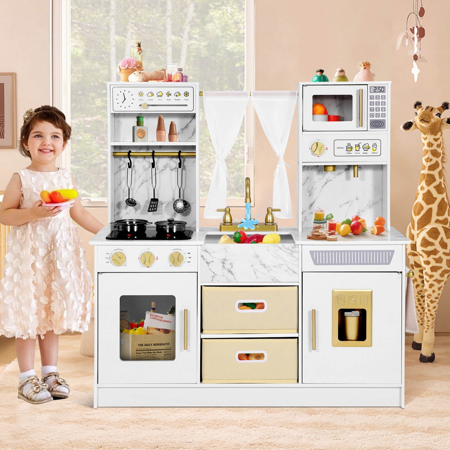 Play Kitchen, Wooden Kids Play Kitchen Playset Chef Pretend Play Set for Toddlers w/Ice Cube Dispenser, Oven, Cooking Accessories,Trendy Home Style w/Curtains, Storange Box, Gift for Ages 3+