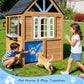 Kids Outdoor Playhouse, Wooden Outside Playhouse, Kids Playhouse for Backyard Garden with Play Kitchen, Chalkboard, Windows, Flower Pot, Birdcage, Bench & Pet Door