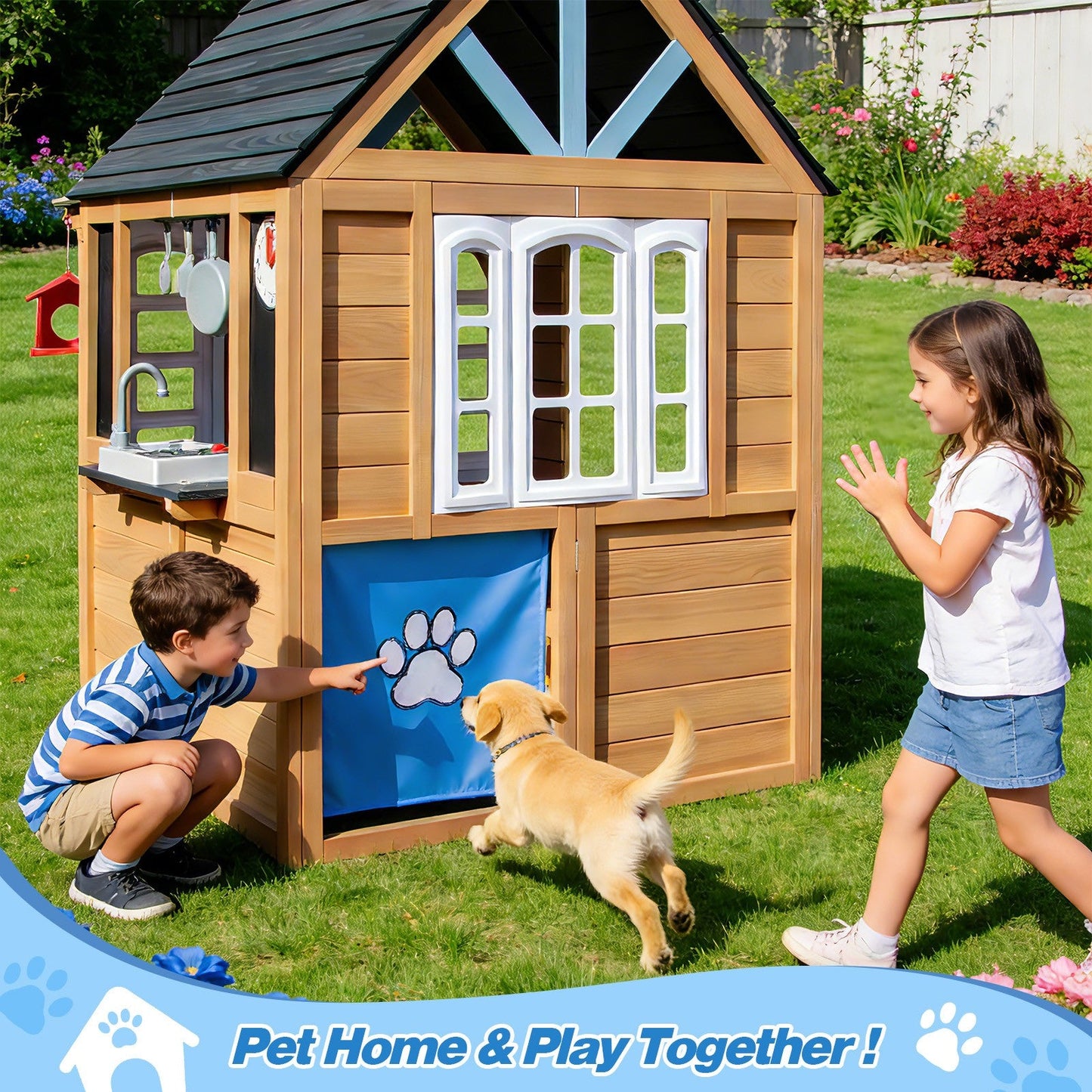 Kids Outdoor Playhouse, Wooden Outside Playhouse, Kids Playhouse for Backyard Garden with Play Kitchen, Chalkboard, Windows, Flower Pot, Birdcage, Bench & Pet Door