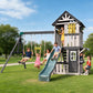 Cedar Wood Swing Set with Wave Slide, Play Kitchen, Rock Wall Ladder, Belt Swings, Toy Telescope, Steering Wheel, Tic-Tac-Toe, Balconies, Outdoor Playhouse Playground Set for Backyard Garden