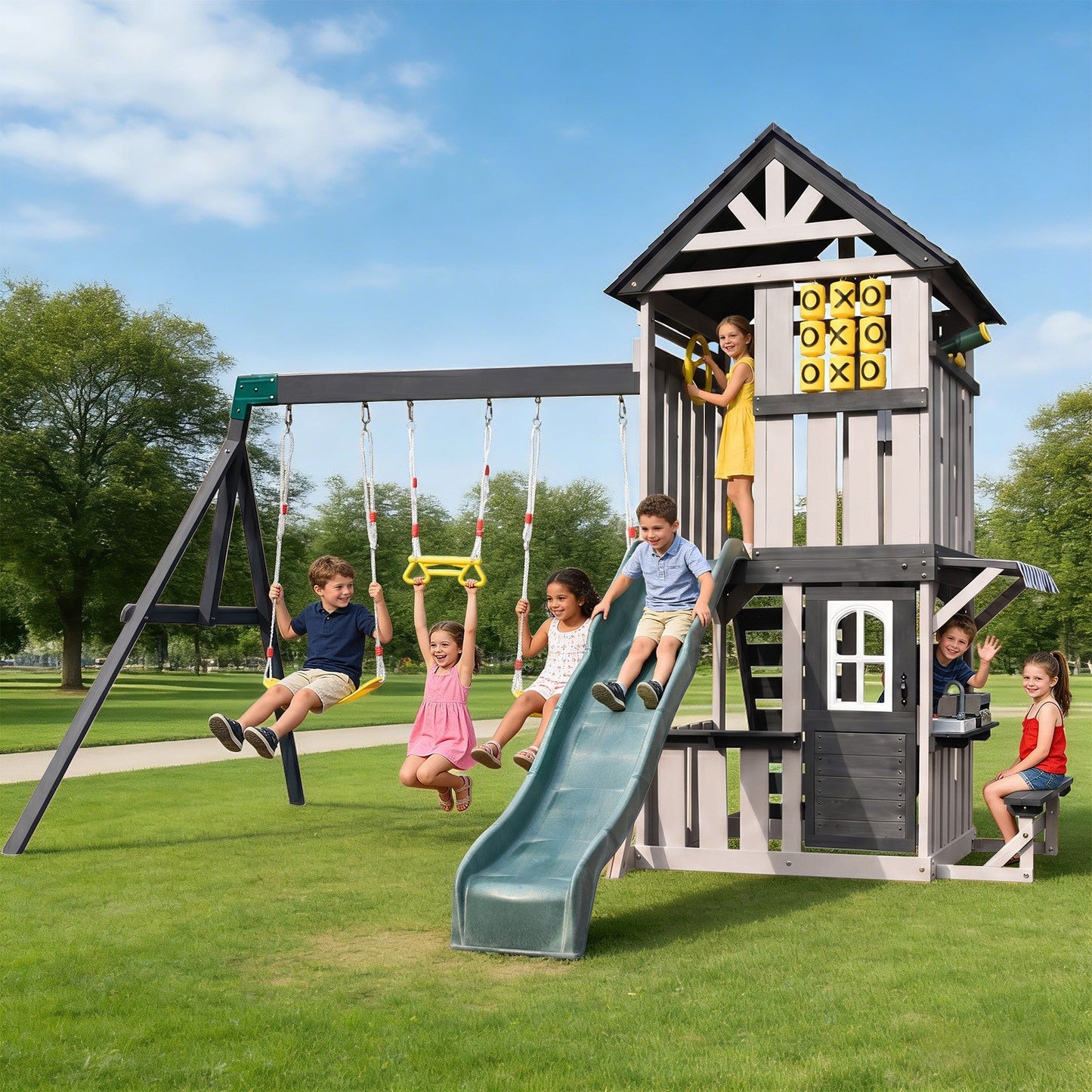 Cedar Wood Swing Set with Wave Slide, Play Kitchen, Rock Wall Ladder, Belt Swings, Toy Telescope, Steering Wheel, Tic-Tac-Toe, Balconies, Outdoor Playhouse Playground Set for Backyard Garden