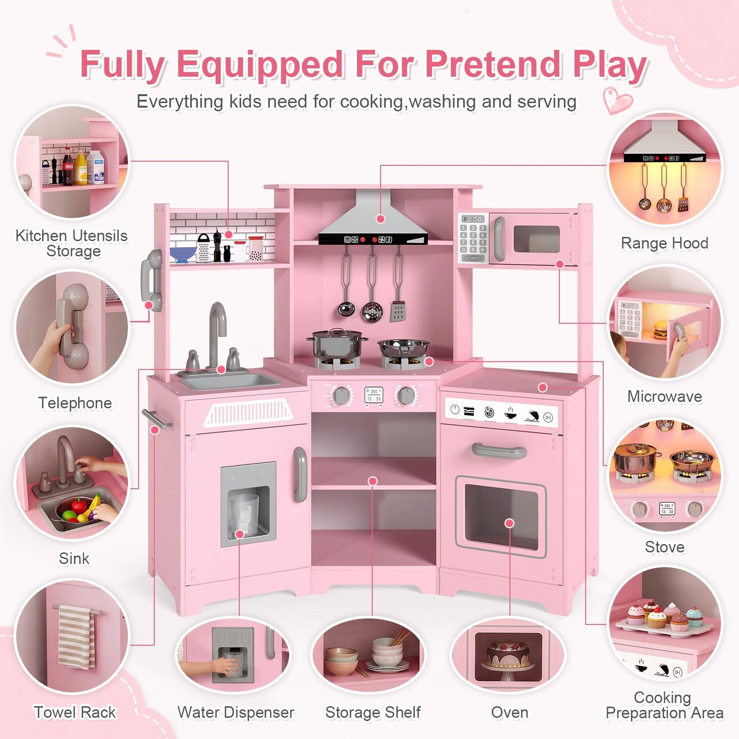 Kids Play Kitchen,Corner Wooden Pretend Toddler Kitchen Toys Playset with Realistic Lights & Sounds,Microwave Oven,Water Dispenser, Phone, Sink,Cooking Accessories, for Ages 3+