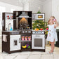 Kids Play Kitchen,Corner Wooden Pretend Toddler Kitchen Toys Playset with Realistic Lights & Sounds,Microwave Oven,Water Dispenser, Phone, Sink,Cooking Accessories, for Ages 3+, Brown