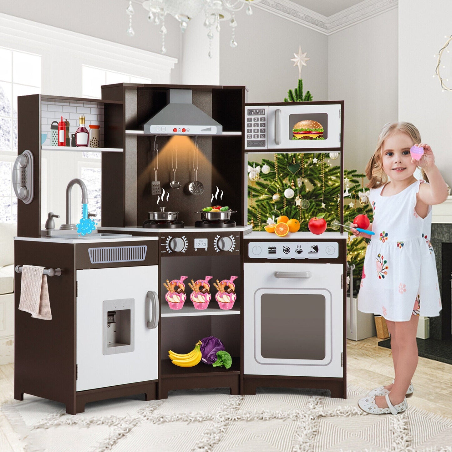 Kids Play Kitchen,Corner Wooden Pretend Toddler Kitchen Toys Playset with Realistic Lights & Sounds,Microwave Oven,Water Dispenser, Phone, Sink,Cooking Accessories, for Ages 3+, Brown