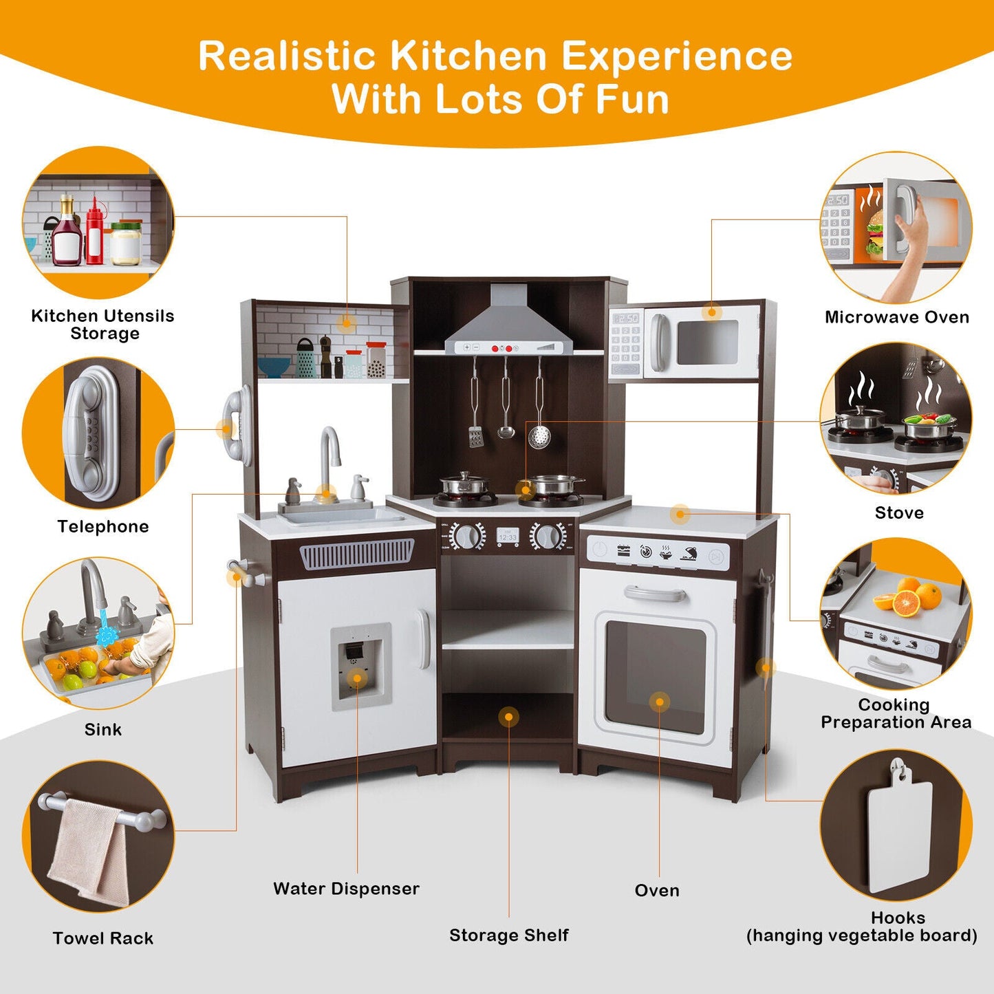 Kids Play Kitchen,Corner Wooden Pretend Toddler Kitchen Toys Playset with Realistic Lights & Sounds,Microwave Oven,Water Dispenser, Phone, Sink,Cooking Accessories, for Ages 3+, Brown