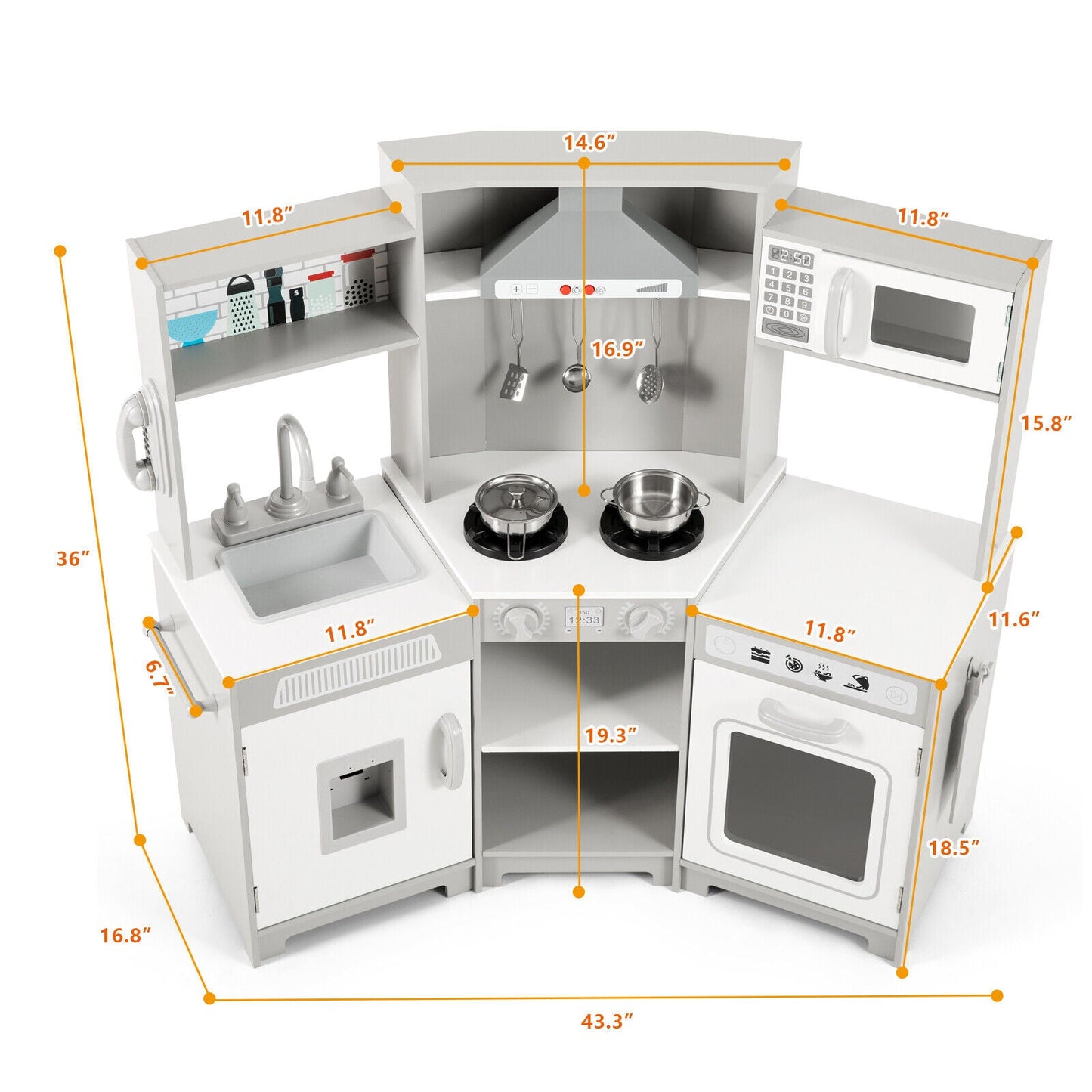 Kids Play Kitchen,Corner Wooden Pretend Toddler Kitchen Toys Playset with Realistic Lights & Sounds,Microwave Oven,Water Dispenser, Phone, Sink,Cooking Accessories, for Ages 3+, White