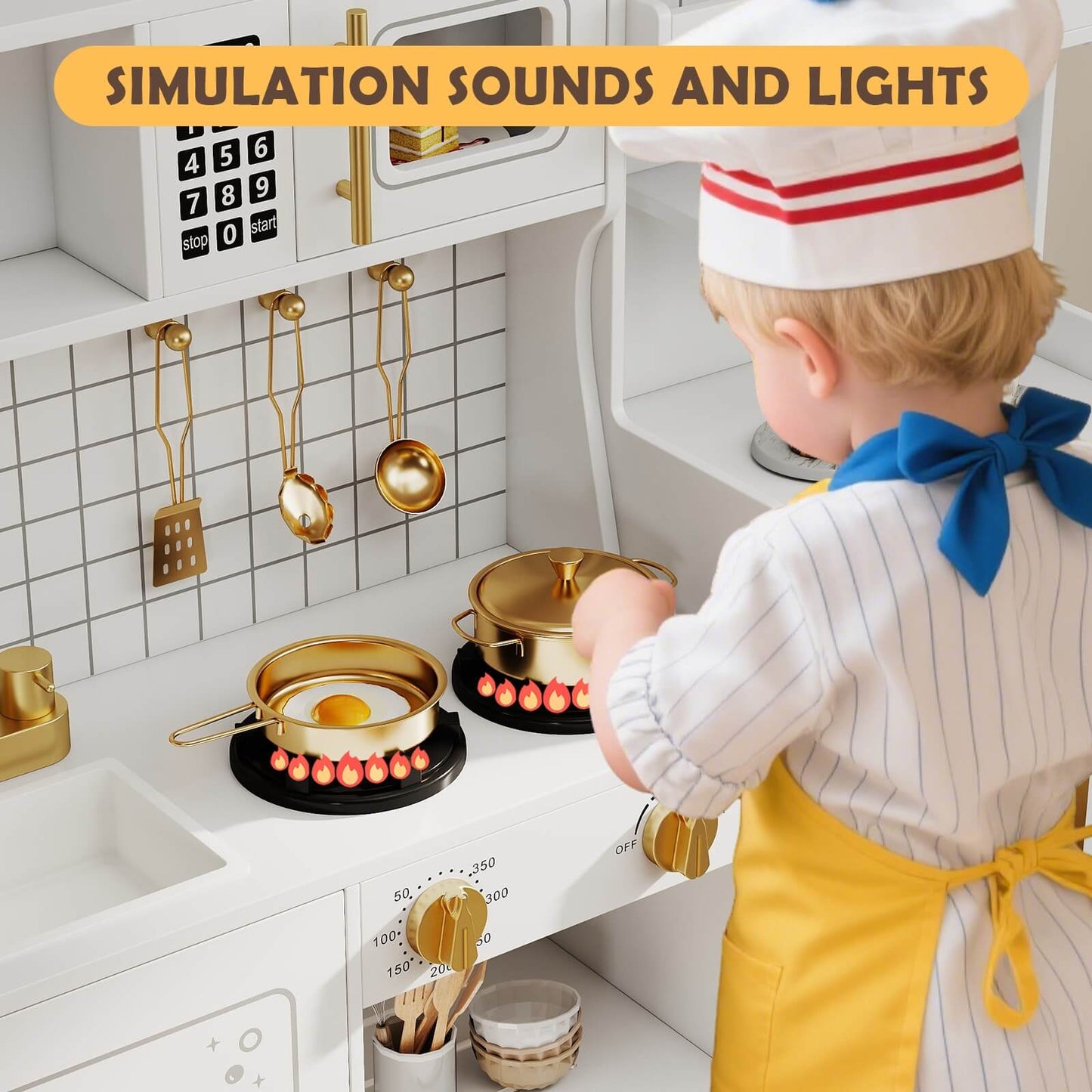 Kids Play Kitchen Set, Pretend Wooden Kid Kitchen Playset Toy Kitchen w/Sound and Light, Oven, Washing Machine, Toy Coffee Station and Toddler Kitchen Accessories for Kids Age 3+