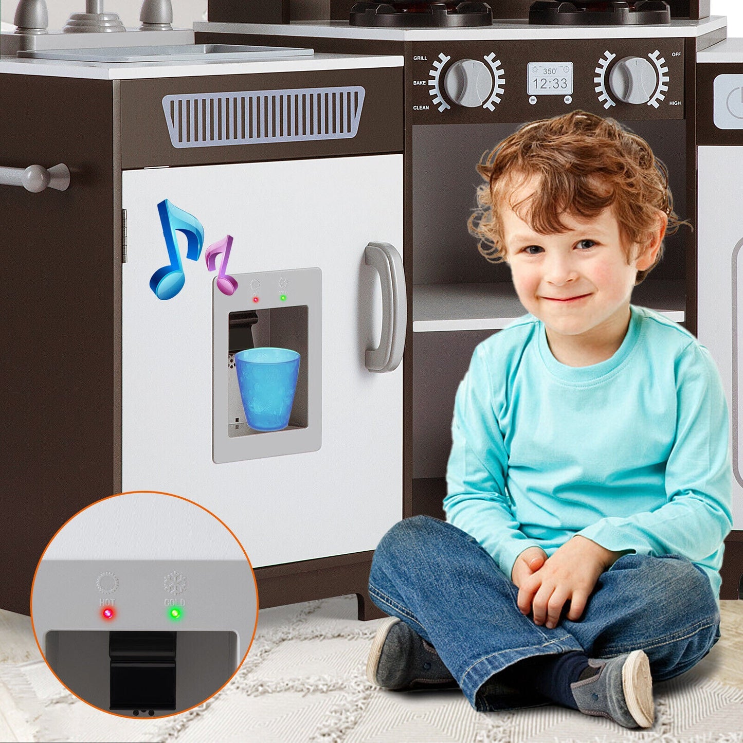 Kids Play Kitchen,Corner Wooden Pretend Toddler Kitchen Toys Playset with Realistic Lights & Sounds,Microwave Oven,Water Dispenser, Phone, Sink,Cooking Accessories, for Ages 3+, Brown