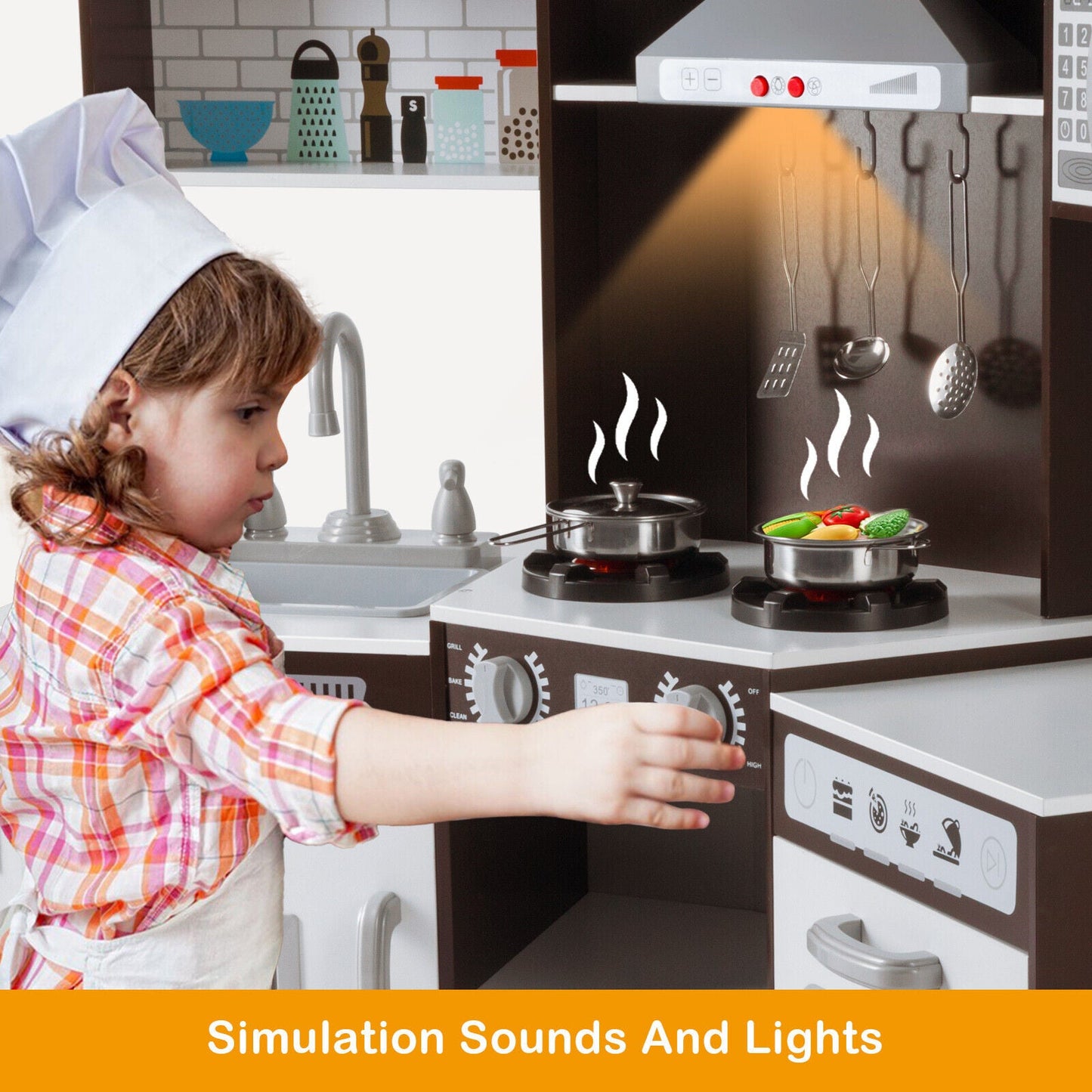 Kids Play Kitchen,Corner Wooden Pretend Toddler Kitchen Toys Playset with Realistic Lights & Sounds,Microwave Oven,Water Dispenser, Phone, Sink,Cooking Accessories, for Ages 3+, Brown