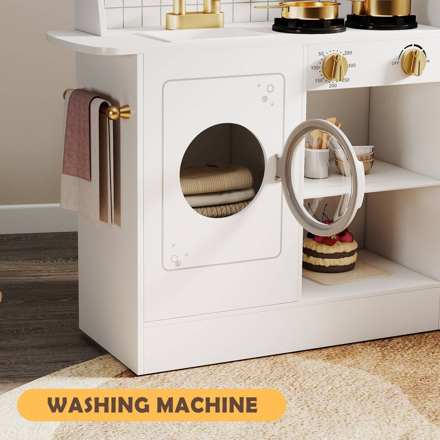 Kids Play Kitchen Set, Pretend Wooden Kid Kitchen Playset Toy Kitchen w/Sound and Light, Oven, Washing Machine, Toy Coffee Station and Toddler Kitchen Accessories for Kids Age 3+