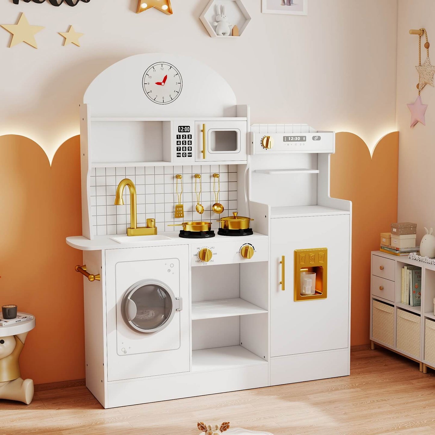 Kids Play Kitchen Set, Pretend Wooden Kid Kitchen Playset Toy Kitchen w/Sound and Light, Oven, Washing Machine, Toy Coffee Station and Toddler Kitchen Accessories for Kids Age 3+