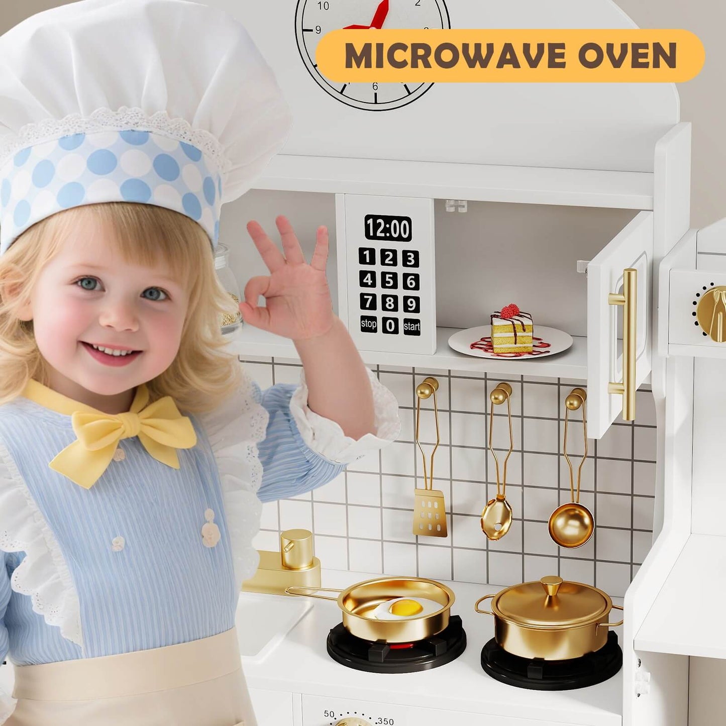 Kids Play Kitchen Set, Pretend Wooden Kid Kitchen Playset Toy Kitchen w/Sound and Light, Oven, Washing Machine, Toy Coffee Station and Toddler Kitchen Accessories for Kids Age 3+