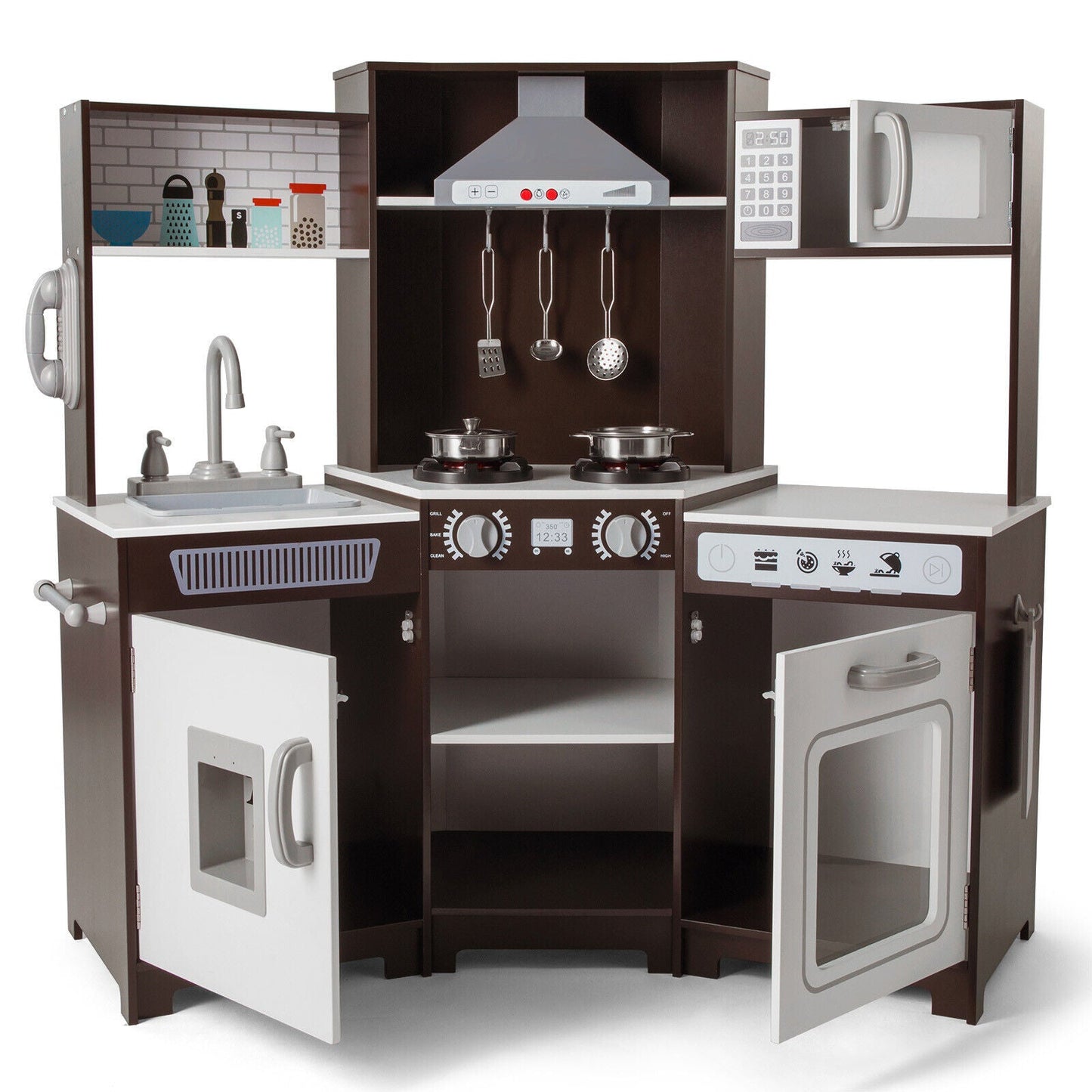 Kids Play Kitchen,Corner Wooden Pretend Toddler Kitchen Toys Playset with Realistic Lights & Sounds,Microwave Oven,Water Dispenser, Phone, Sink,Cooking Accessories, for Ages 3+, Brown
