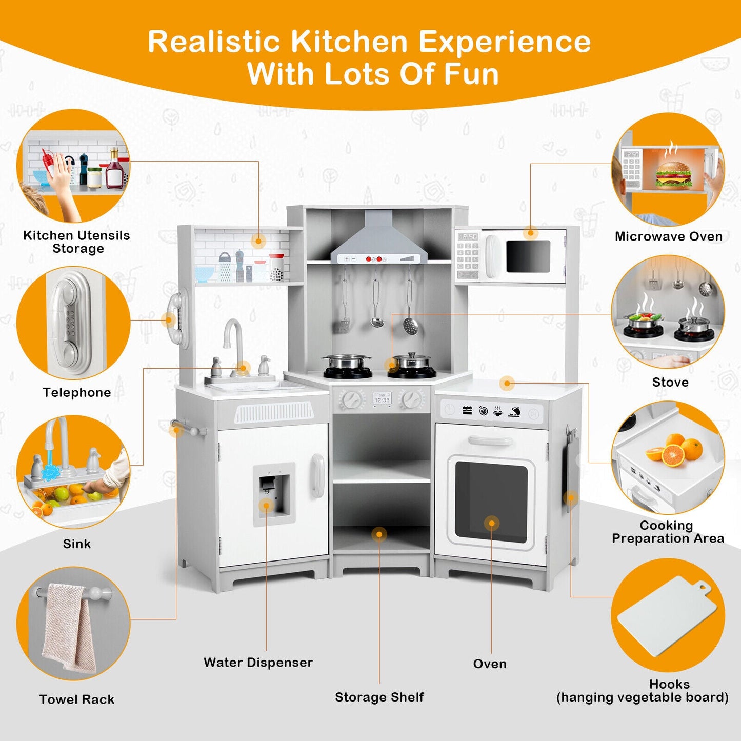 Kids Play Kitchen,Corner Wooden Pretend Toddler Kitchen Toys Playset with Realistic Lights & Sounds,Microwave Oven,Water Dispenser, Phone, Sink,Cooking Accessories, for Ages 3+, White