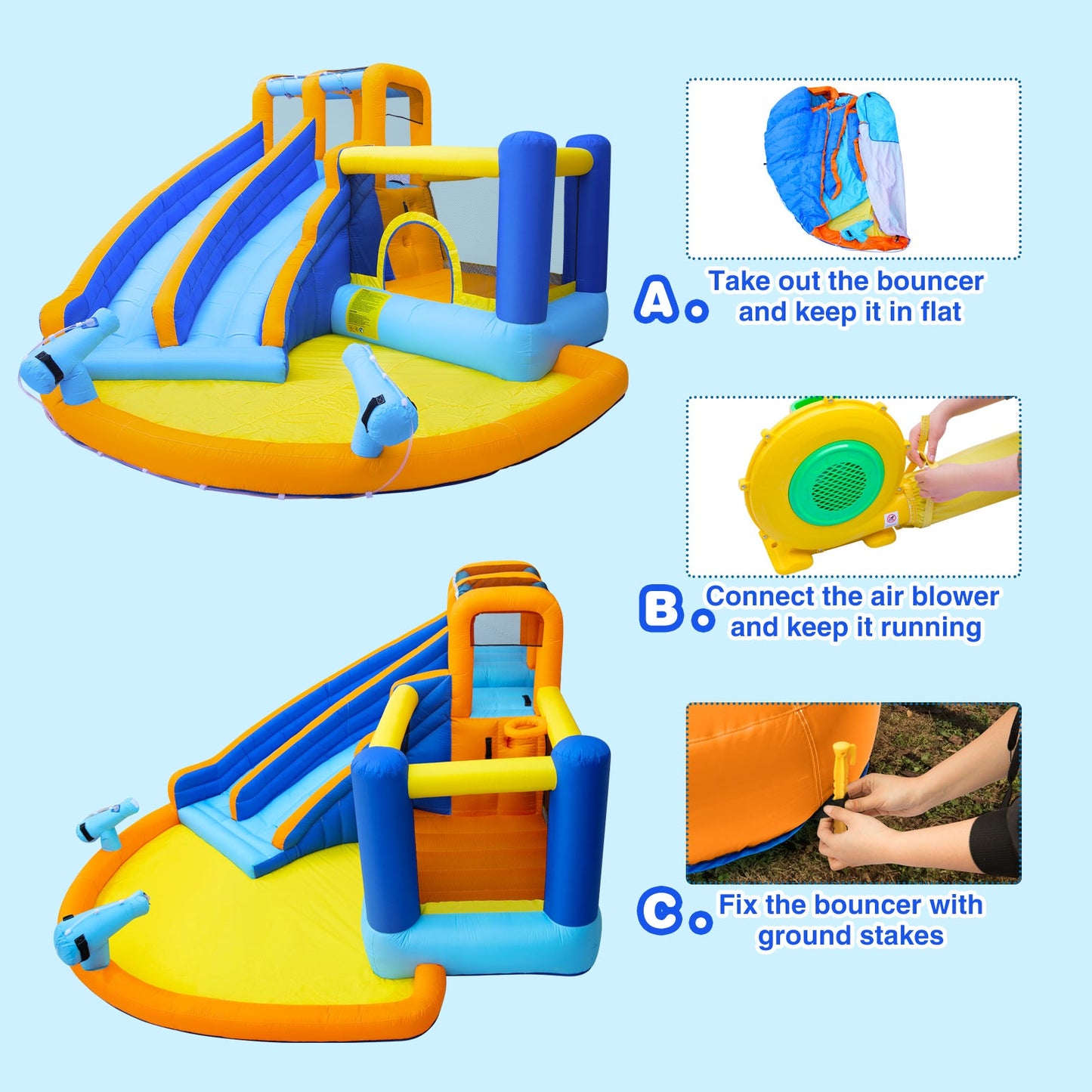 Inflatable Water Slide Bounce House,Giant Water Park, Double Slide Bouncer Castle w/Splash Pool, Jump Area, Climbing Wall, 550W Air Blower