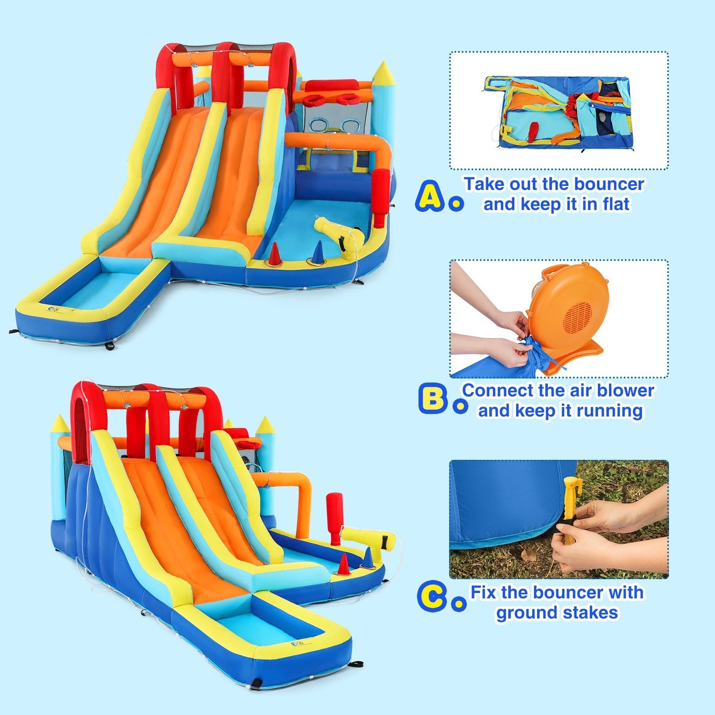 Inflatable Water Slide Park, Giant Bounce House with 450W Blower, Climbing Wall, Dual Basketball Hoops & Ring Toss Games - Outdoor Backyard Jumper
