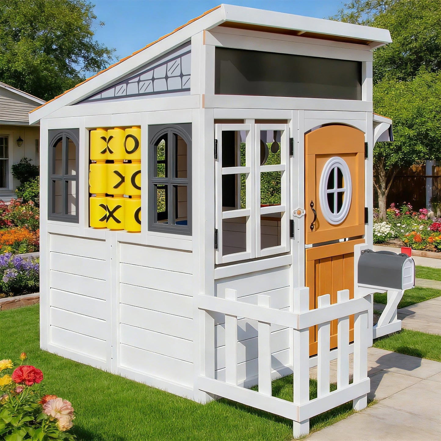 Kids Outdoor Playhouse, Large Cedar Wooden Playhouse with Play Kitchen, Tic-Tac-Toe, Chalkboard, Doorbell, Dutch Door & Pet Door for Backyard & Garden Play