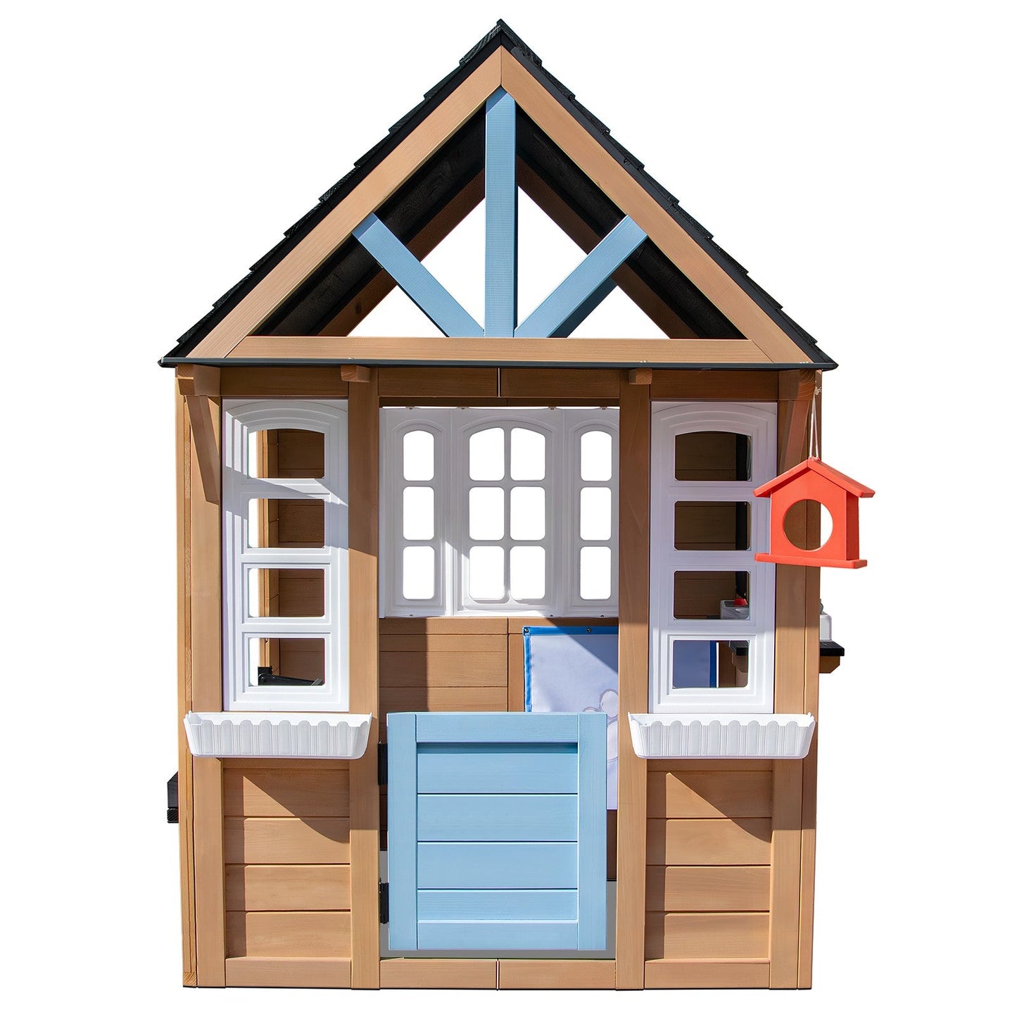 Kids Outdoor Playhouse, Wooden Outside Playhouse, Kids Playhouse for Backyard Garden with Play Kitchen, Chalkboard, Windows, Flower Pot, Birdcage, Bench & Pet Door
