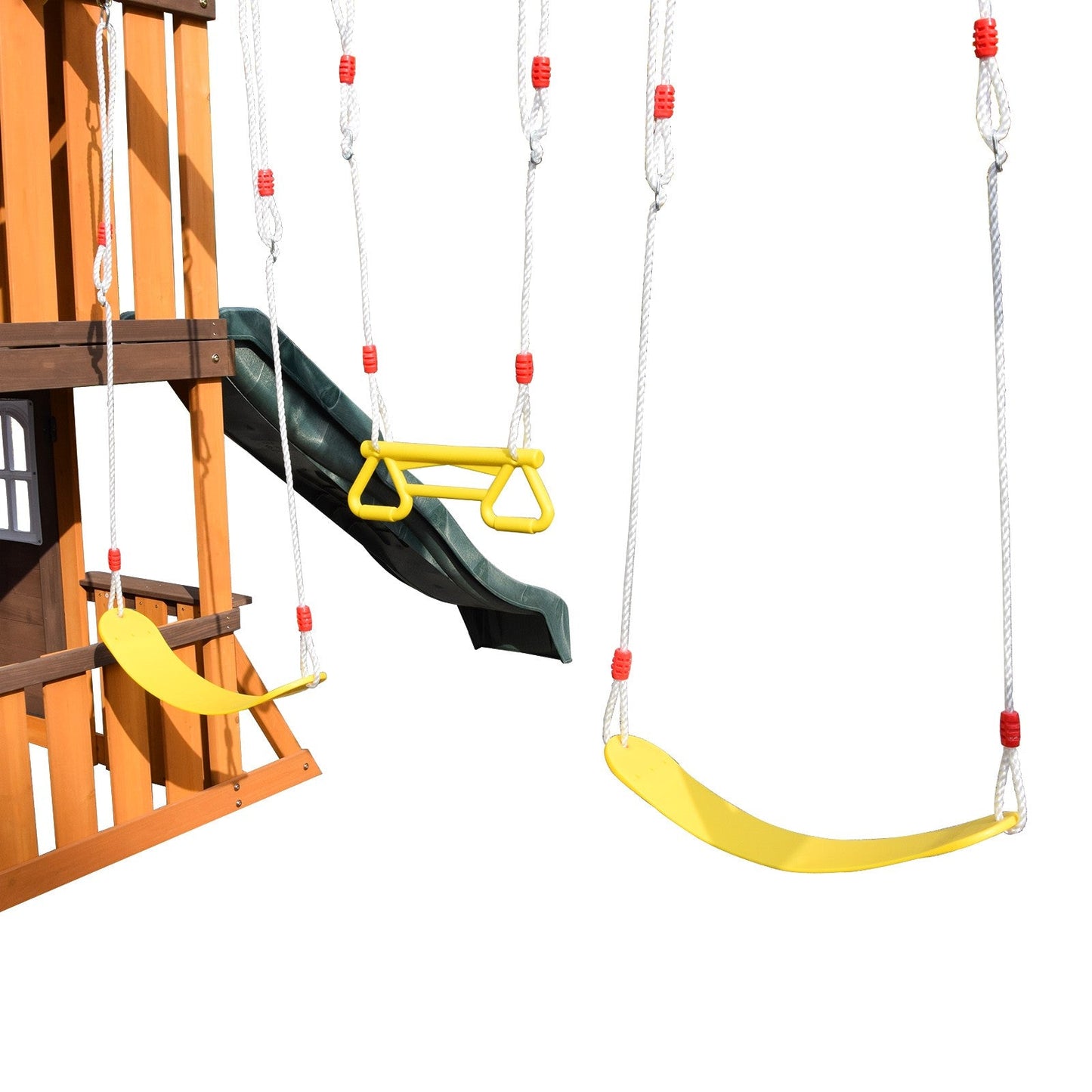 Cedar Wood Swing Set with Wave Slide, Play Kitchen, Rock Wall Ladder, Belt Swings, Toy Telescope, Steering Wheel, Tic-Tac-Toe, Balconies, Outdoor Playhouse Playground Set for Backyard Garden