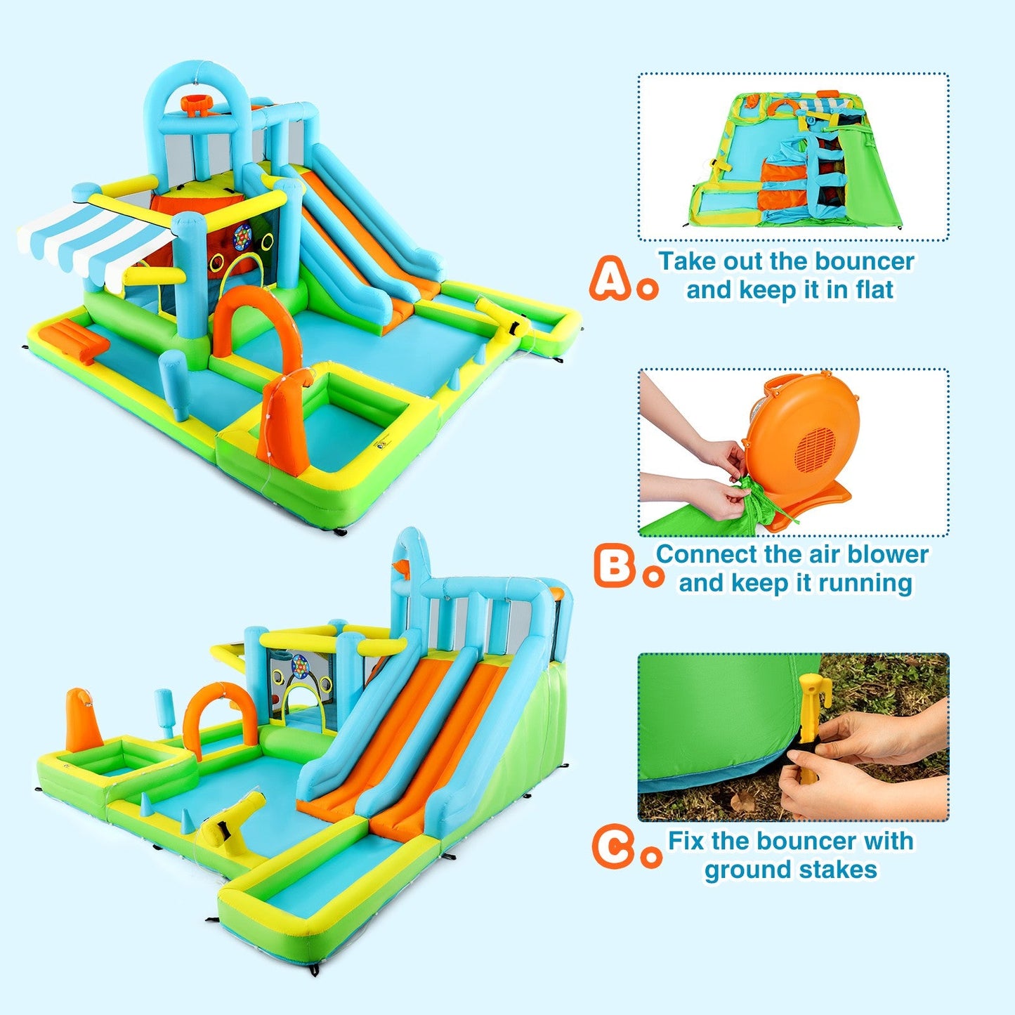 Inflatable Water Slide Bounce House for Kids, Luxury Heavy Duty Blow Up Water Park with Double Slides, Climbing Wall, Splash Pool and Sunshade Awning