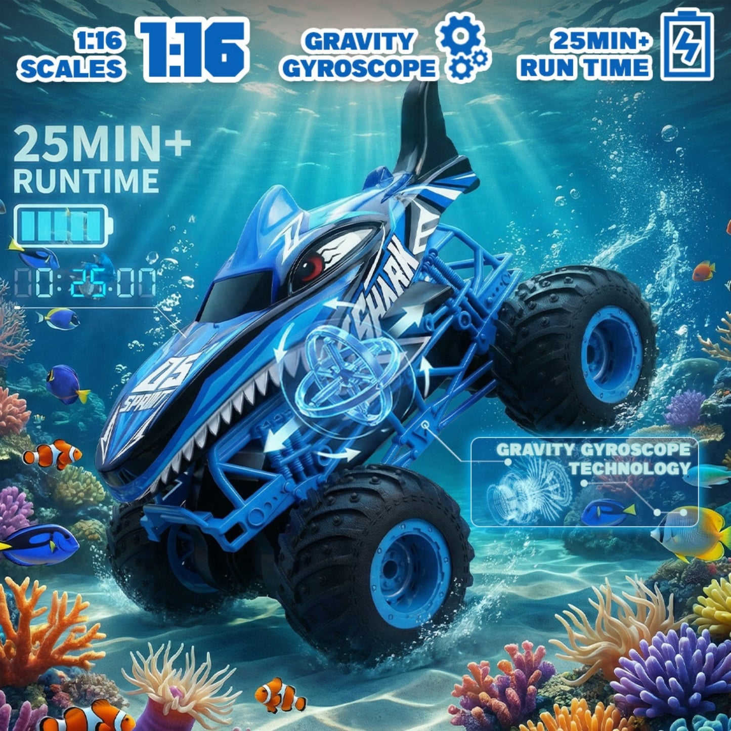 Bezgar 1:16 RC Shark Truck with 360° Spins, Light and Music