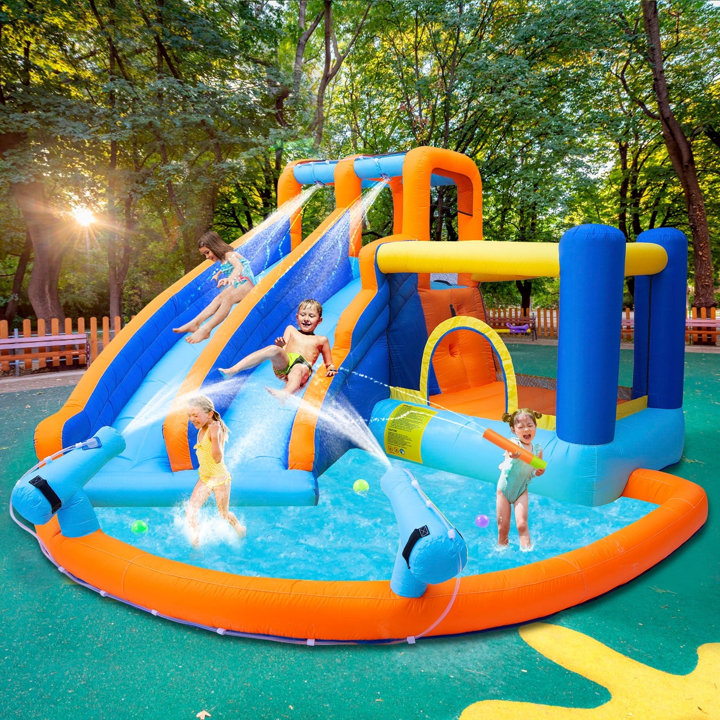 Inflatable Water Slide Bounce House,Giant Water Park, Double Slide Bouncer Castle w/Splash Pool, Jump Area, Climbing Wall, 550W Air Blower