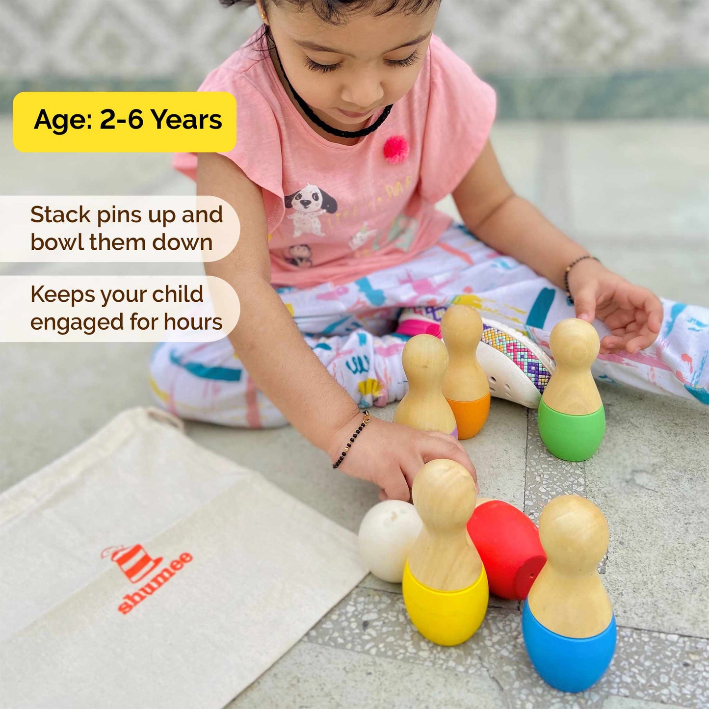Wooden Mini Bowling Pins Set | 6 Pins & 1 Ball (2+ Years)