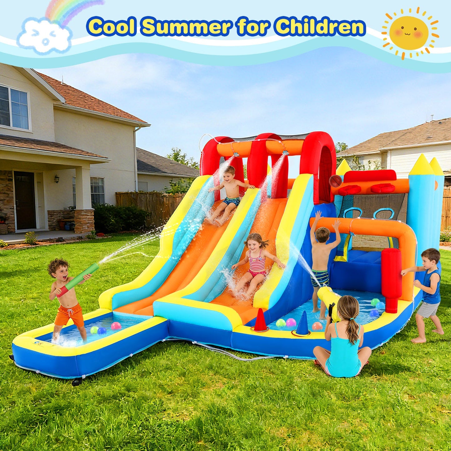 Inflatable Water Slide Park, Giant Bounce House with 450W Blower, Climbing Wall, Dual Basketball Hoops & Ring Toss Games - Outdoor Backyard Jumper