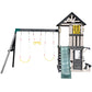 Cedar Wood Swing Set with Wave Slide, Play Kitchen, Rock Wall Ladder, Belt Swings, Toy Telescope, Steering Wheel, Tic-Tac-Toe, Balconies, Outdoor Playhouse Playground Set for Backyard Garden