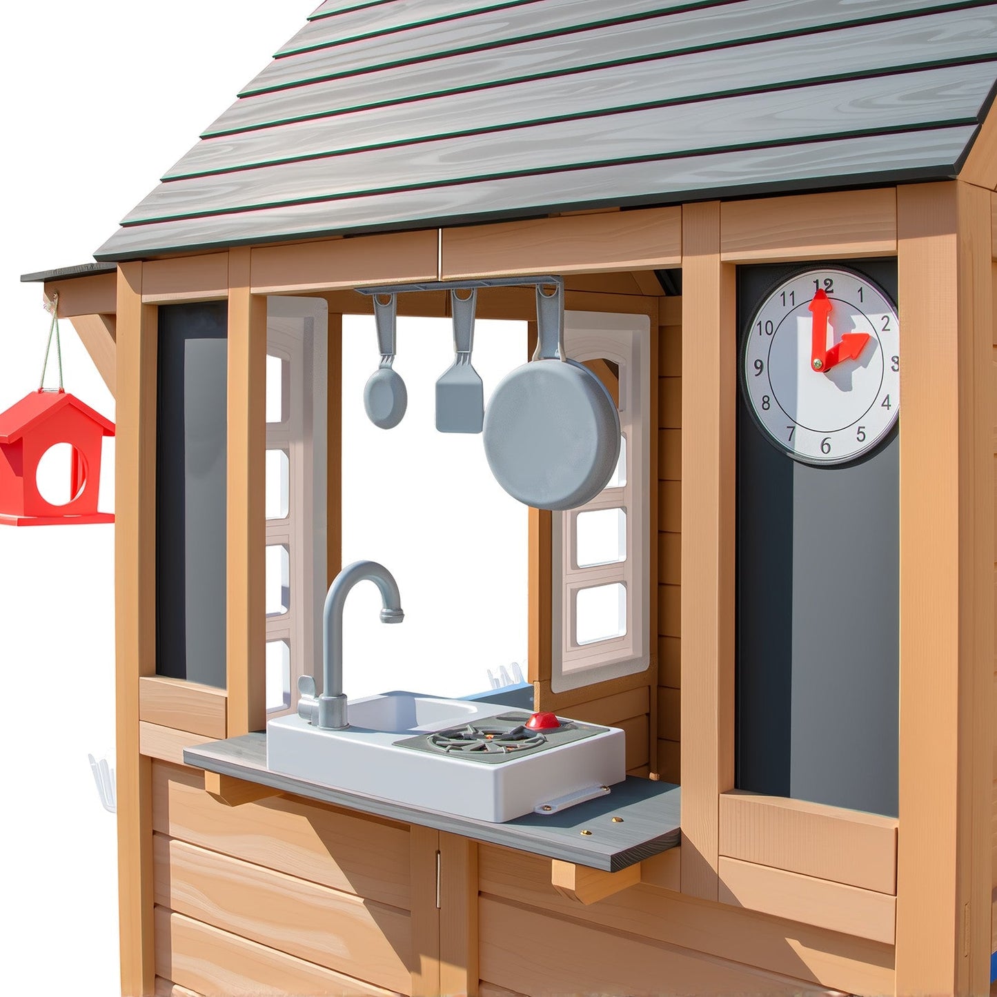 Kids Outdoor Playhouse, Wooden Outside Playhouse, Kids Playhouse for Backyard Garden with Play Kitchen, Chalkboard, Windows, Flower Pot, Birdcage, Bench & Pet Door