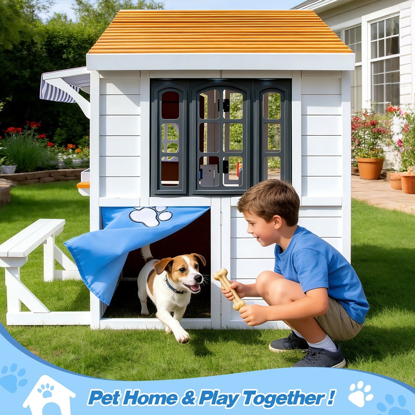 Kids Outdoor Playhouse, Large Cedar Wooden Playhouse with Play Kitchen, Tic-Tac-Toe, Chalkboard, Doorbell, Dutch Door & Pet Door for Backyard & Garden Play