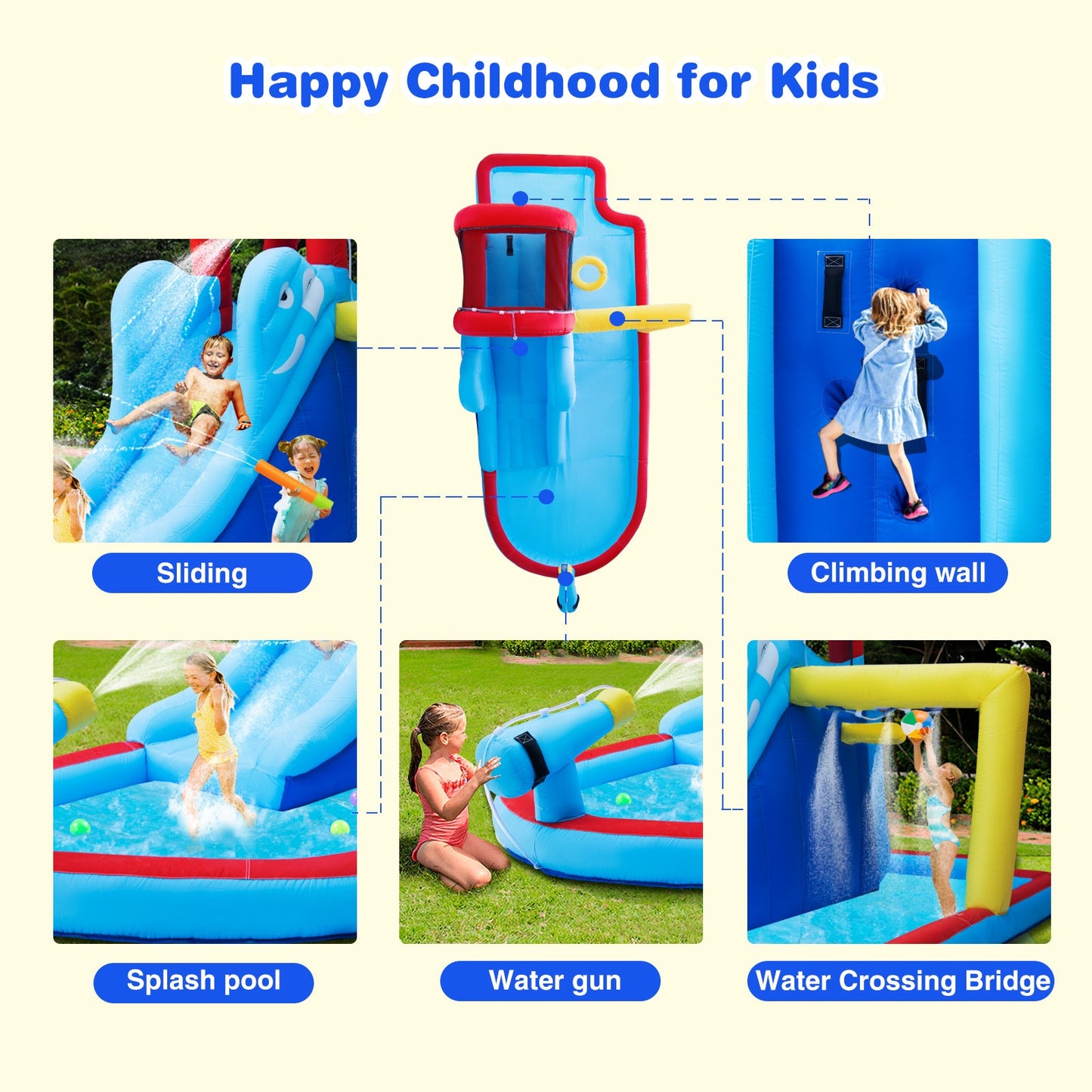Inflatable Bounce House, Water Slide Bouncer Playhouse Castle w/Splash Pool, Climbing Wall, Basketball Hoop & Carry Bag, 480W Air Blower