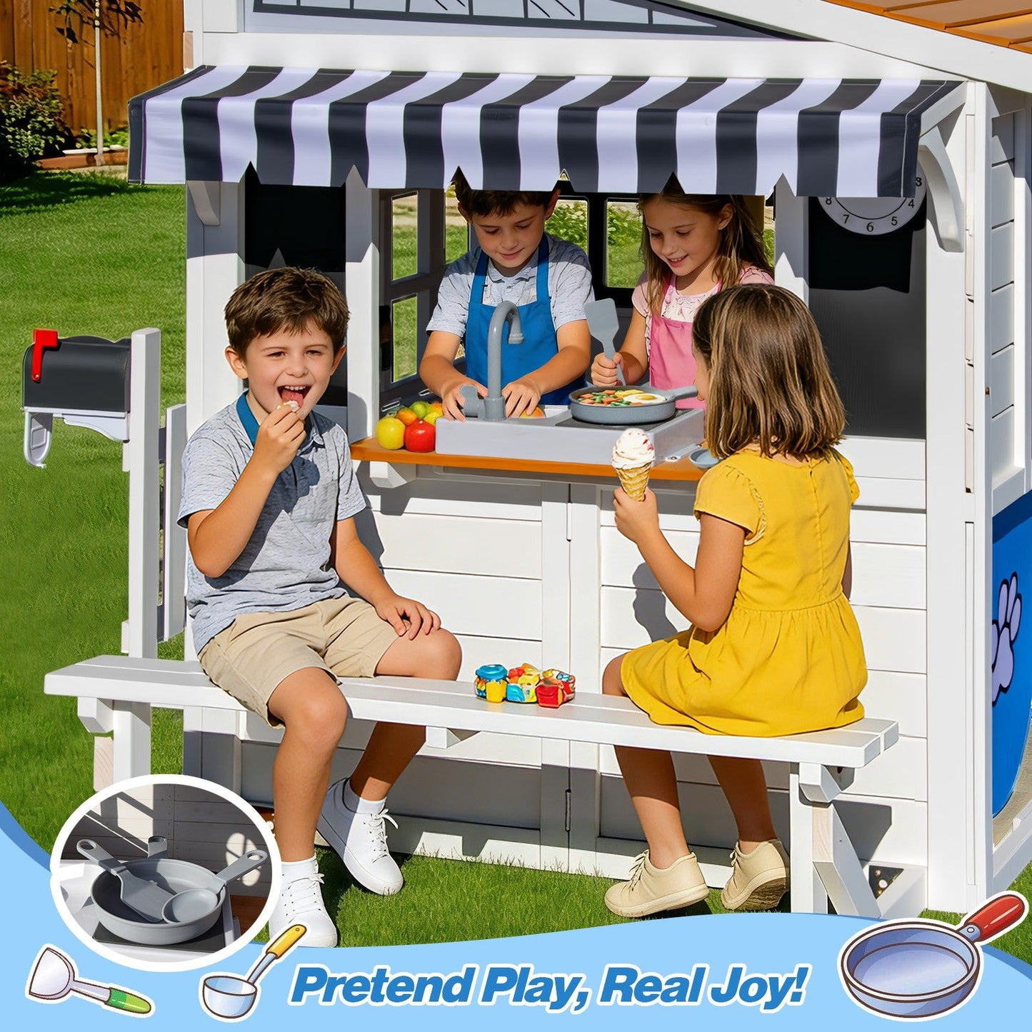 Kids Outdoor Playhouse, Large Cedar Wooden Playhouse with Play Kitchen, Tic-Tac-Toe, Chalkboard, Doorbell, Dutch Door & Pet Door for Backyard & Garden Play