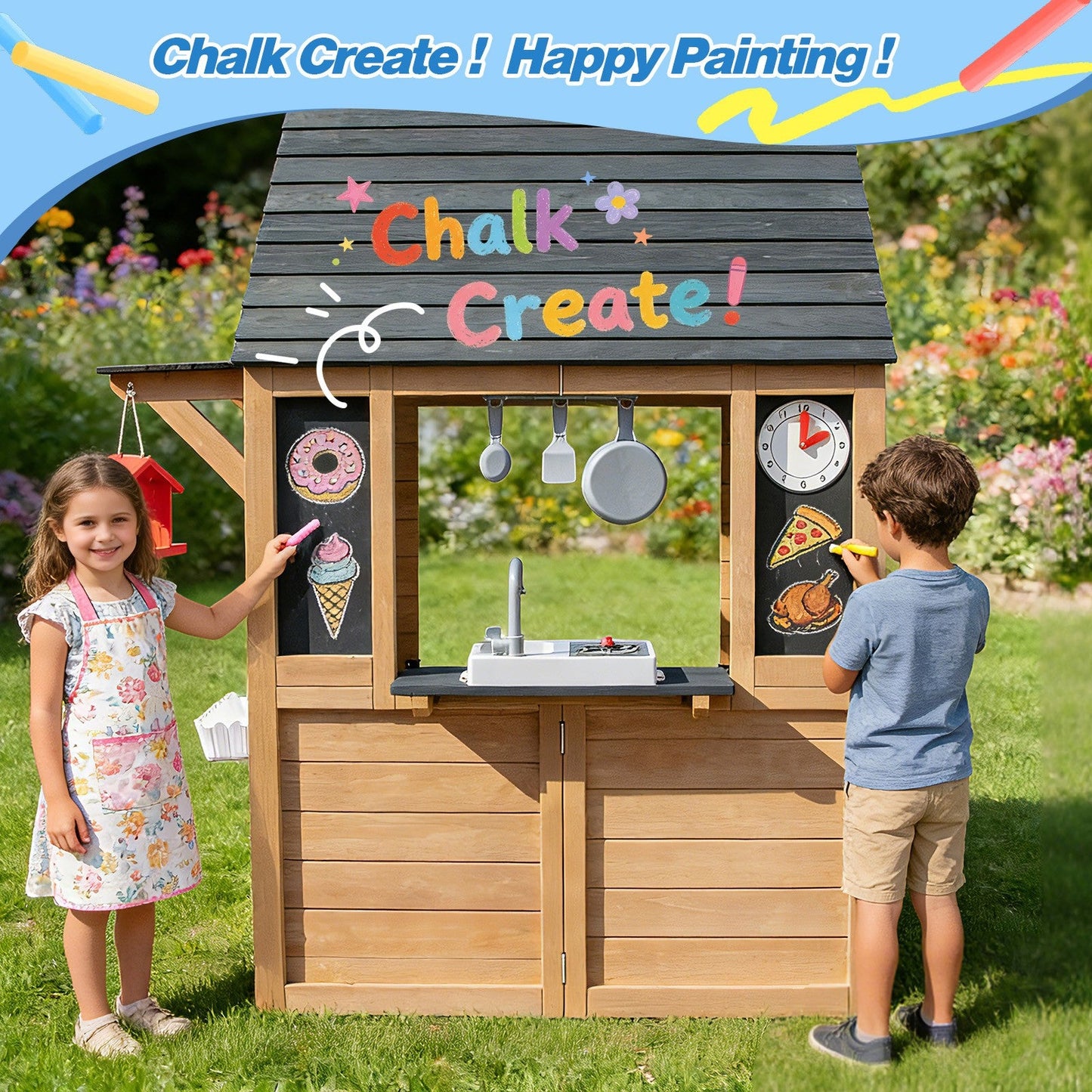 Kids Outdoor Playhouse, Wooden Outside Playhouse, Kids Playhouse for Backyard Garden with Play Kitchen, Chalkboard, Windows, Flower Pot, Birdcage, Bench & Pet Door