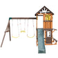 Cedar Wood Swing Set with Wave Slide, Play Kitchen, Rock Wall Ladder, Belt Swings, Toy Telescope, Steering Wheel, Tic-Tac-Toe, Balconies, Outdoor Playhouse Playground Set for Backyard Garden