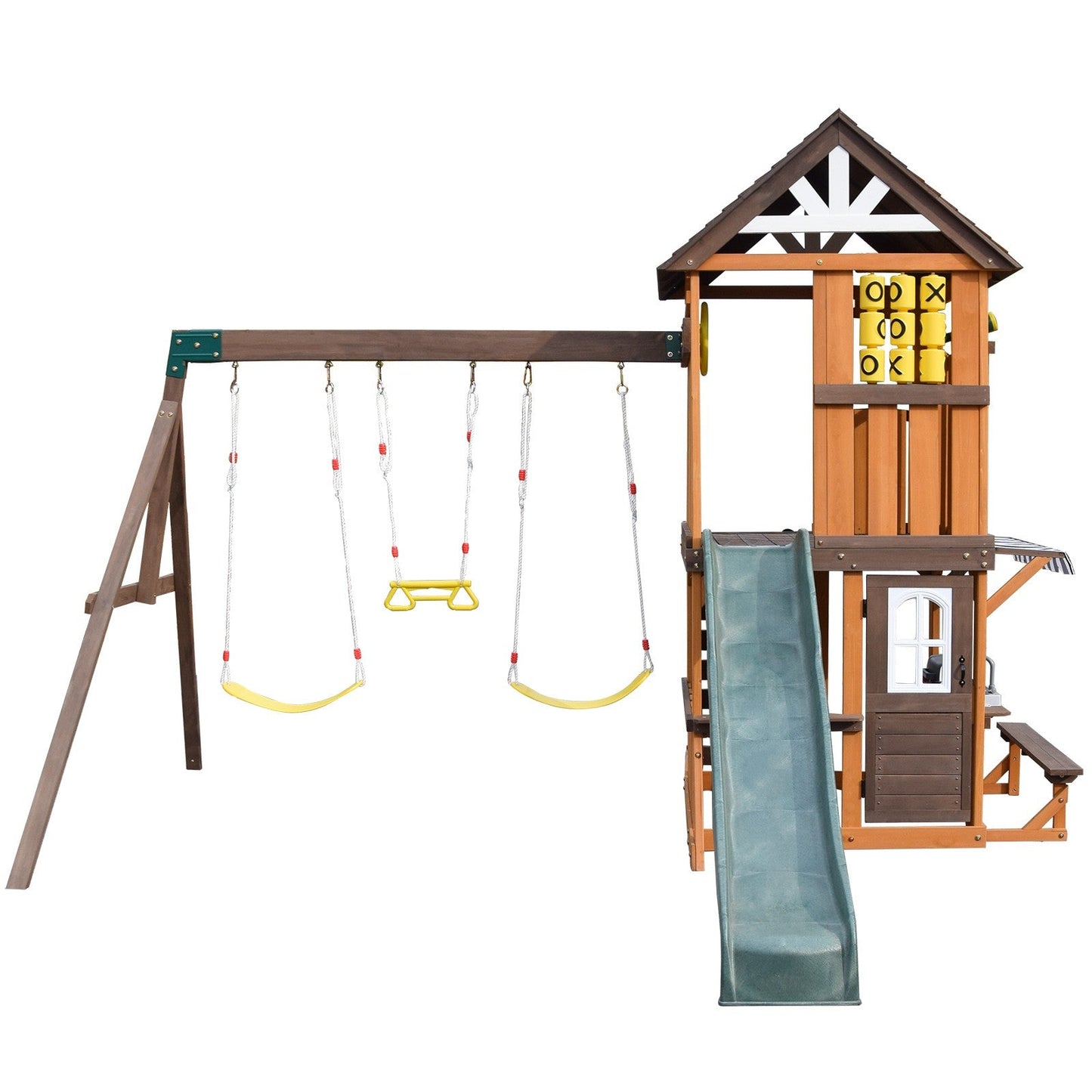 Cedar Wood Swing Set with Wave Slide, Play Kitchen, Rock Wall Ladder, Belt Swings, Toy Telescope, Steering Wheel, Tic-Tac-Toe, Balconies, Outdoor Playhouse Playground Set for Backyard Garden