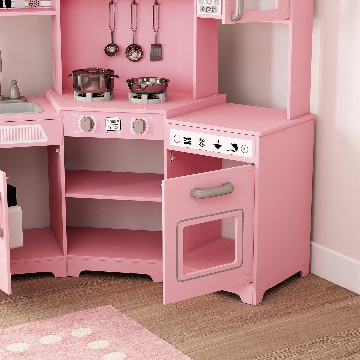 Kids Play Kitchen,Corner Wooden Pretend Toddler Kitchen Toys Playset with Realistic Lights & Sounds,Microwave Oven,Water Dispenser, Phone, Sink,Cooking Accessories, for Ages 3+