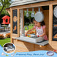 Kids Outdoor Playhouse, Wooden Outside Playhouse, Kids Playhouse for Backyard Garden with Play Kitchen, Chalkboard, Windows, Flower Pot, Birdcage, Bench & Pet Door