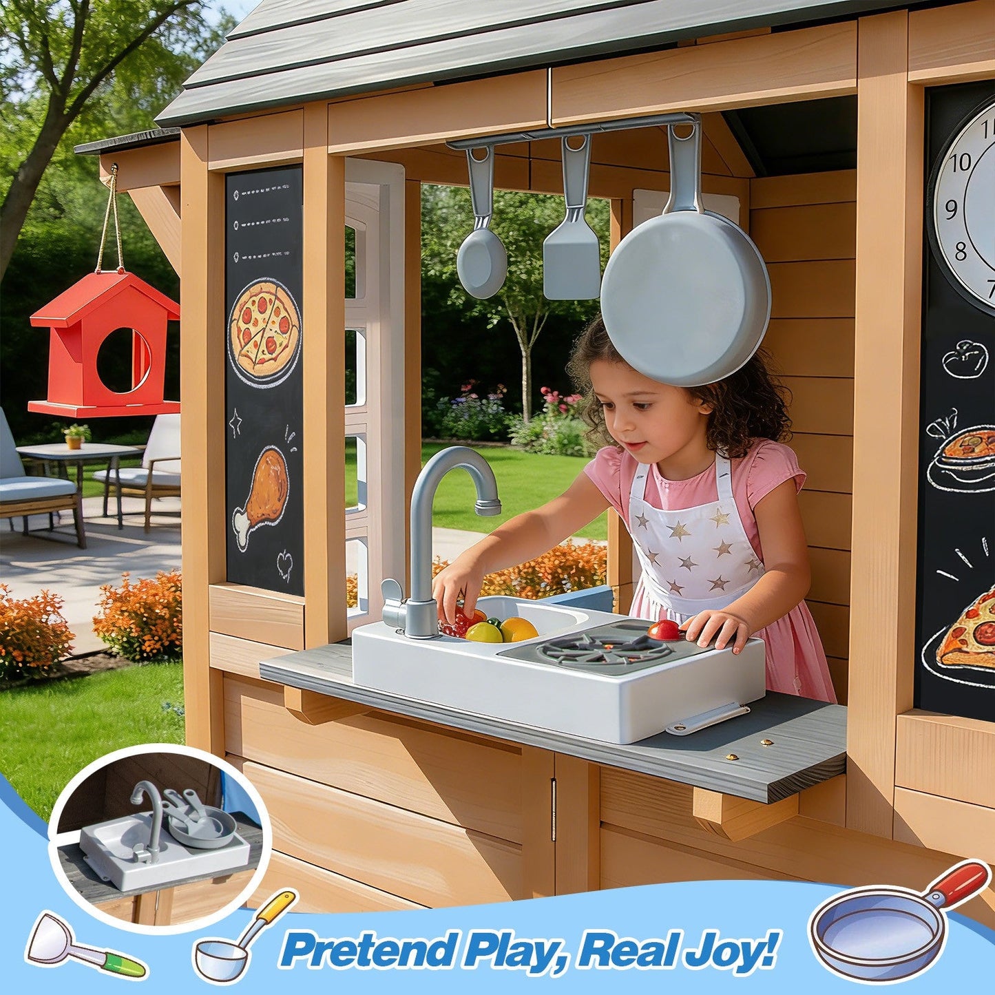 Kids Outdoor Playhouse, Wooden Outside Playhouse, Kids Playhouse for Backyard Garden with Play Kitchen, Chalkboard, Windows, Flower Pot, Birdcage, Bench & Pet Door