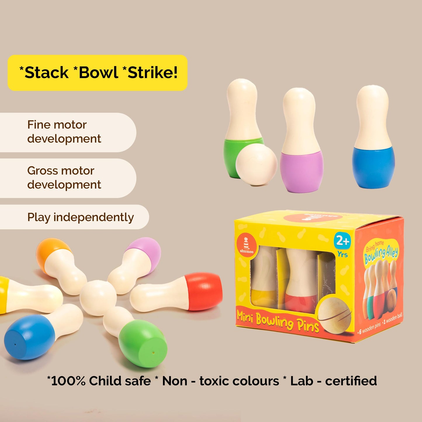 Wooden Mini Bowling Pins Set | 6 Pins & 1 Ball (2+ Years)