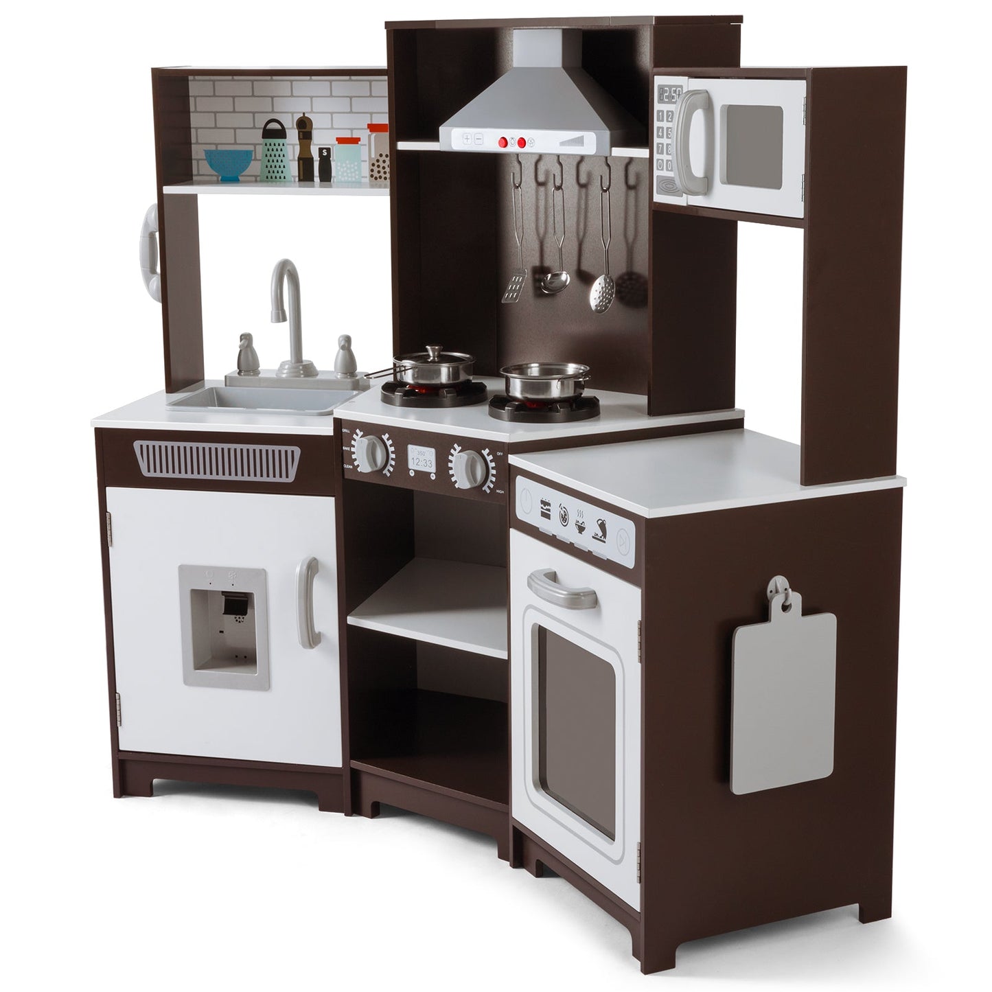 Kids Play Kitchen,Corner Wooden Pretend Toddler Kitchen Toys Playset with Realistic Lights & Sounds,Microwave Oven,Water Dispenser, Phone, Sink,Cooking Accessories, for Ages 3+