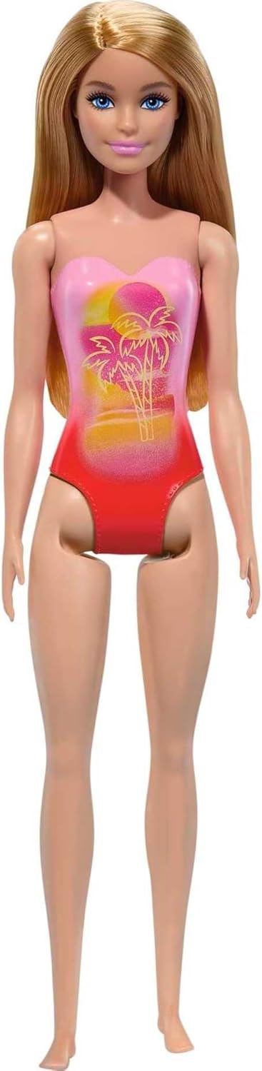 Barbie Beach Doll With Blond Hair Wearing Pink Palm Tree-Print Swimsuit For Kids Ages 3+