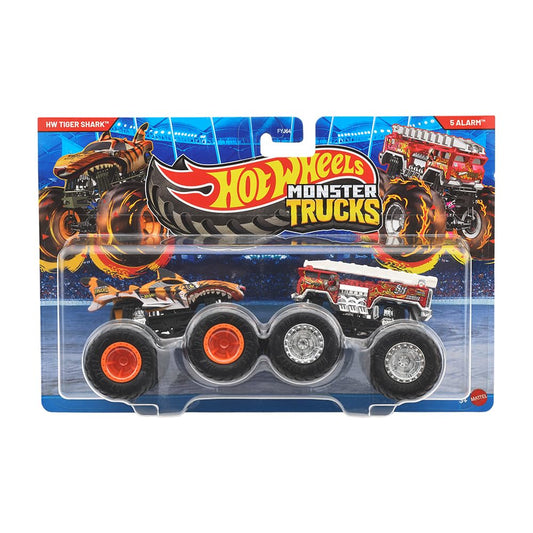 Hot Wheels Monster Trucks 1:64 Scale Demolition Doubles 2 Pack Collection, Tiger Shark Vs 5 Alarm