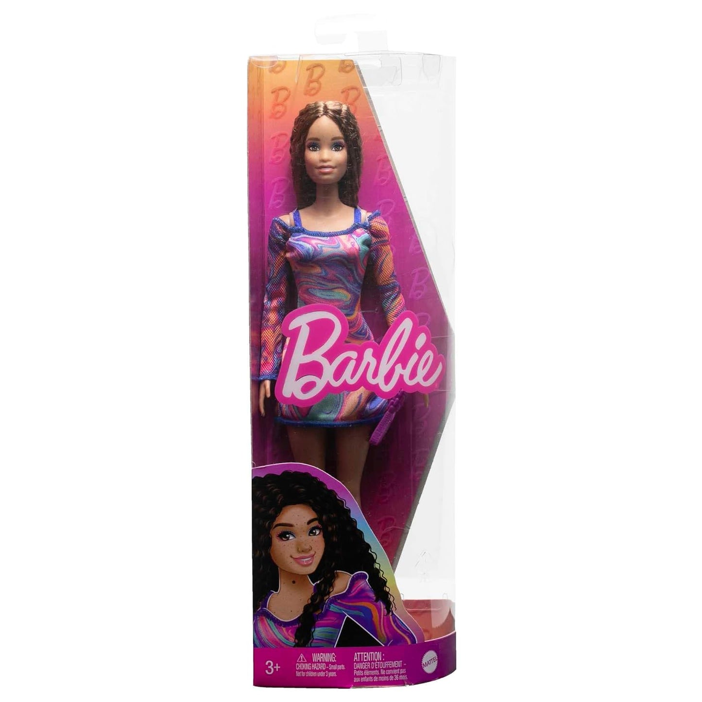 Barbie Fashionistas Doll #206 with Crimped Hair and Freckles, Wearing Rainbow Marble-Print Dress with Green Mules and Purse for Ages 3 Years & Up