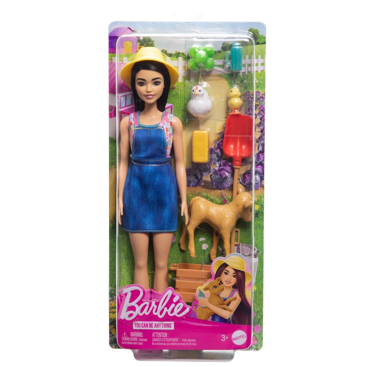 Barbie Careers Brunette Farmer Doll in Farm-Themed Set with Removable Fashion, 3 Animals & 5 Pieces for Feeding & Care for Ages 3 Years & Up